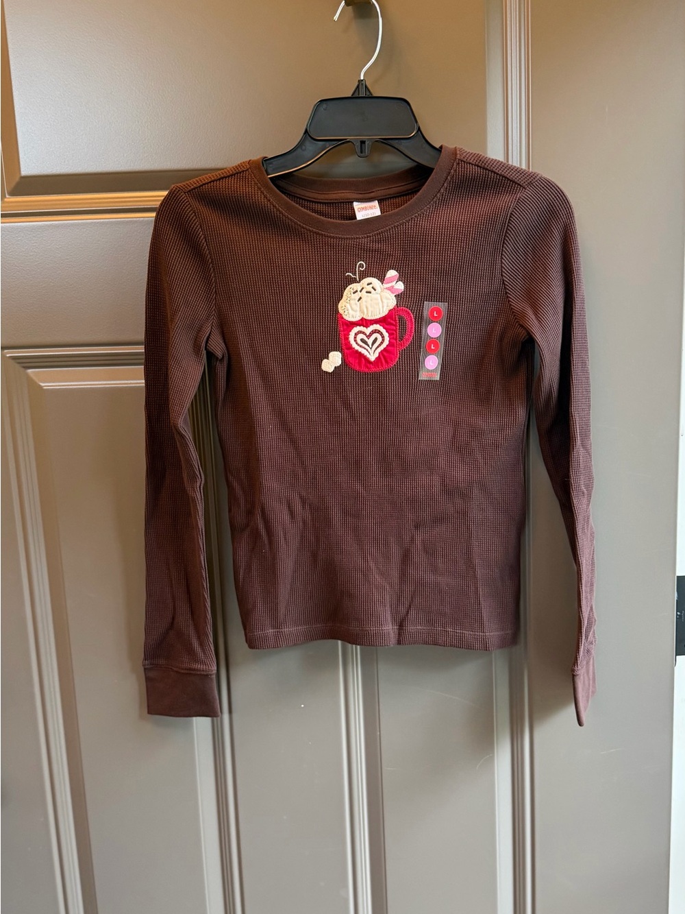 NWT Gymboree Girls' Brown Long-Sleeve Thermal Top with Hot Cocoa Graphic, Size L